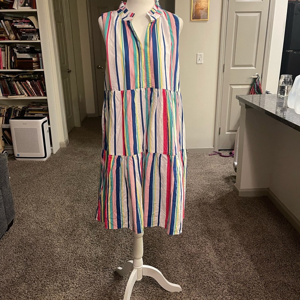 Duffield Lane Annika Pink White Striped Midi Dress Vacation Preppy Cottagecore